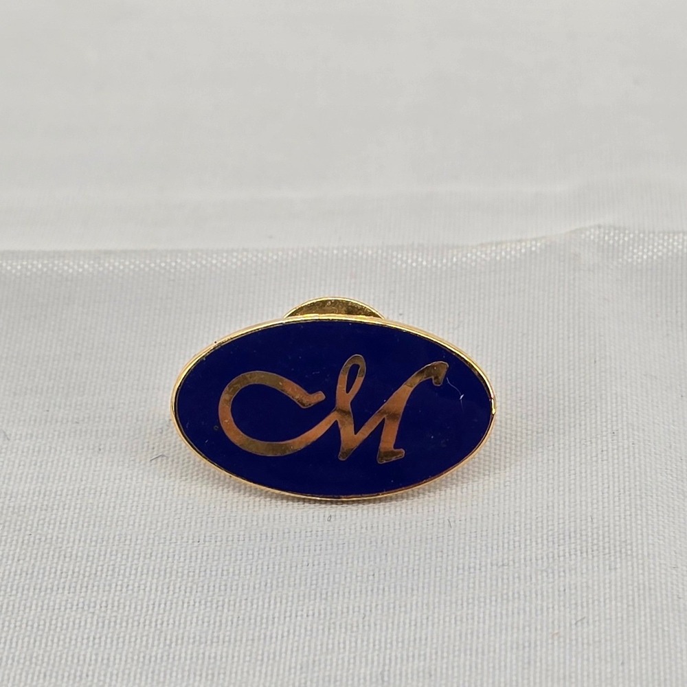 Vintage Blue Enamel Gold Tone Monogram M Oval‎ Lapel Pin Tie Tack Accessory